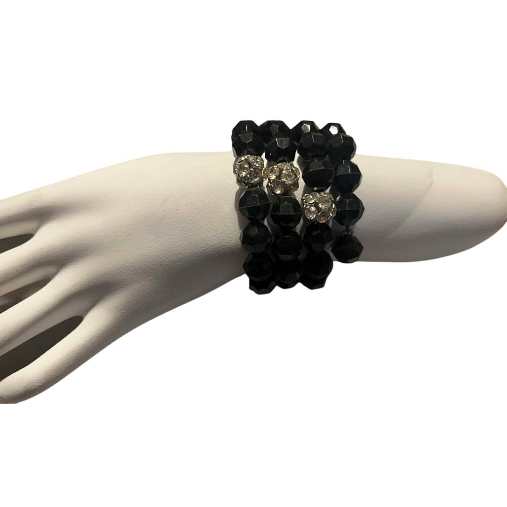 Mid Century Beaded Wrap Bracelet Black w Rhinestones